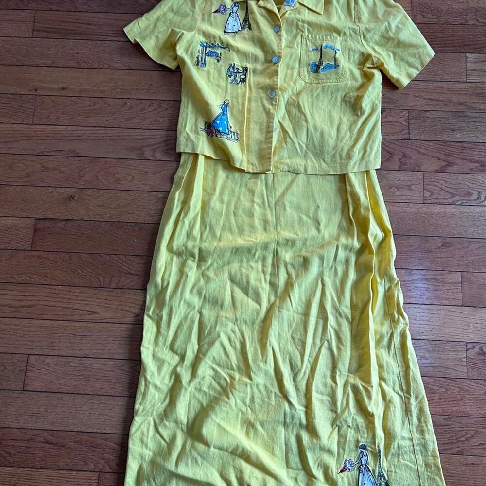 Linen Dress Ultra Buttery Yellow Paris Applique Women's Summer Dress Size 14
